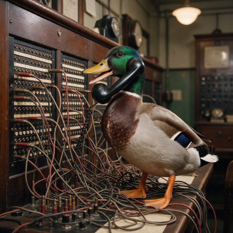 Mallard duck holding a telephone handset, standing before a vintage switchboard with tangled cables in a retro office setting.