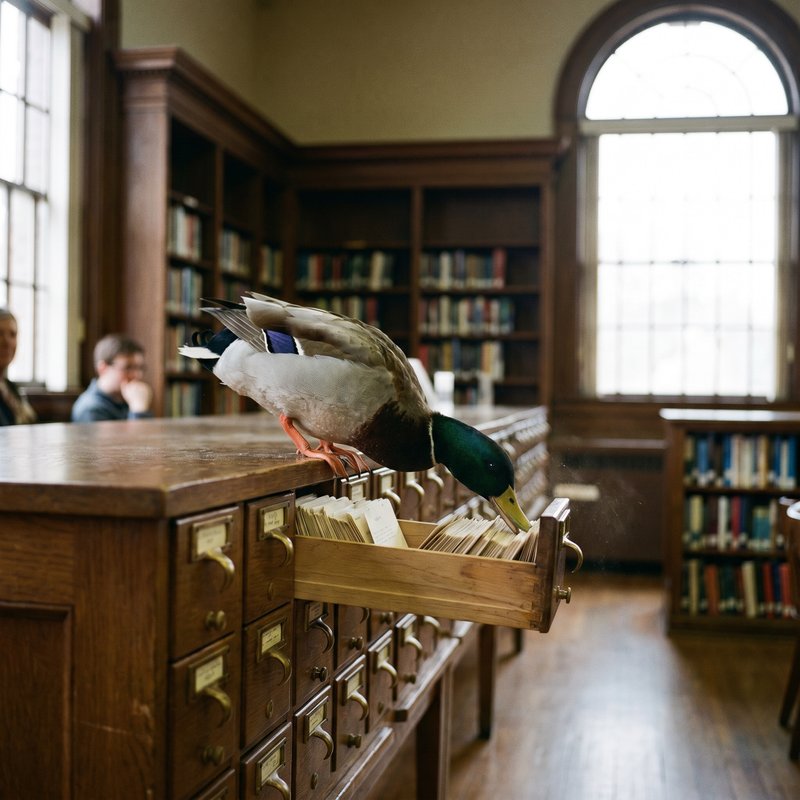 A photorealistic 35mm photograph of a male mallard duck rummaging through a card catalog at a very old, stately college library.