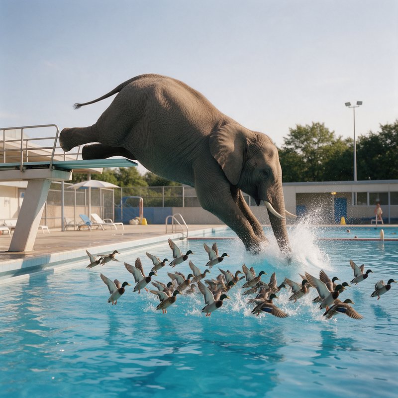Elephant diving into a public swimming pool filled with water and birds, with a diving board and spectators in the background.