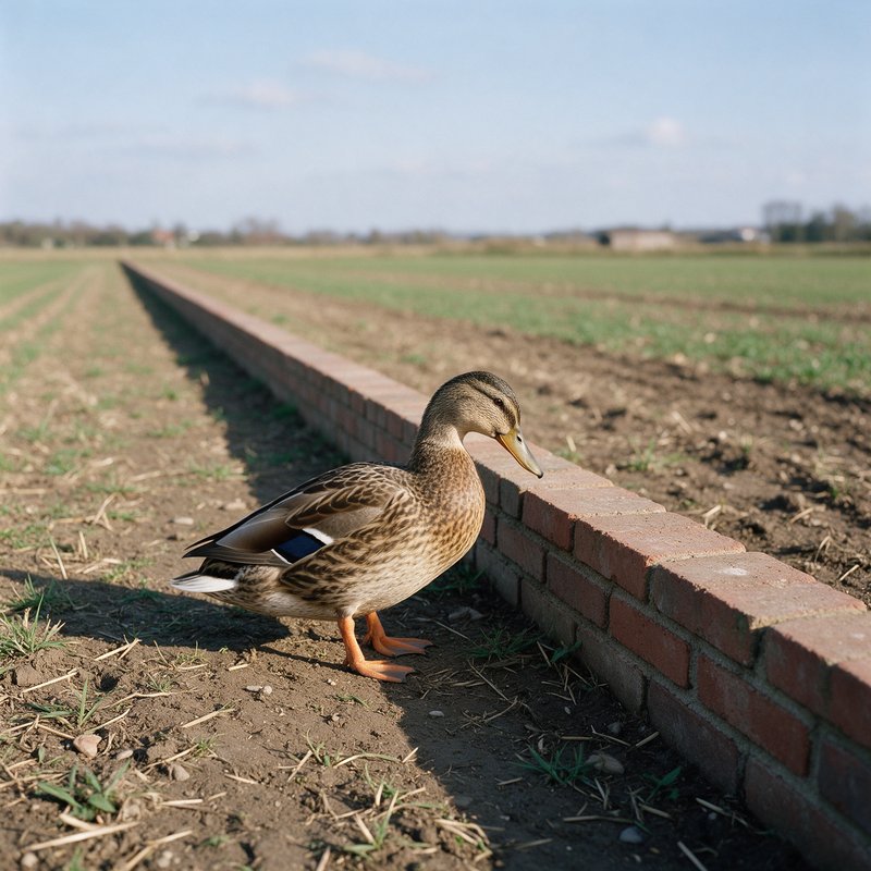 Duck standing on a brick irrigation channel in a flat agricultural field with rows of green crops stretching to the horizon.