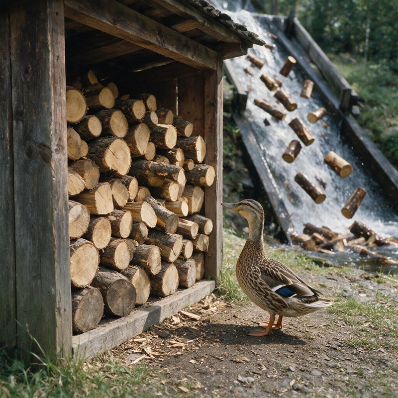 Duck standing on ground next to weathered wooden shed filled with stacked firewood logs.