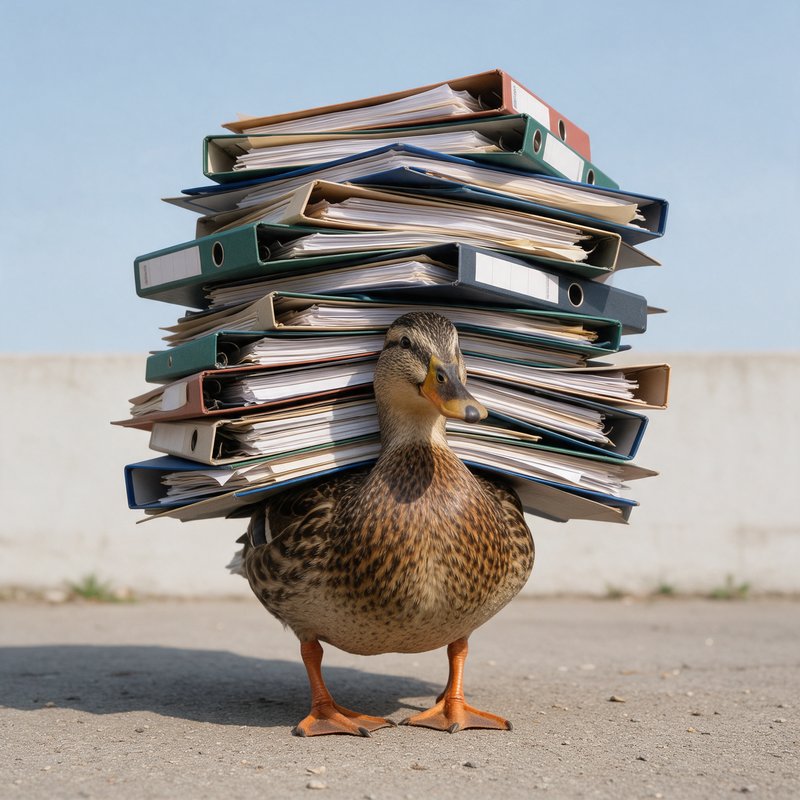 Duck standing on pavement carrying an oversized stack of colorful file folders and binders on its back.