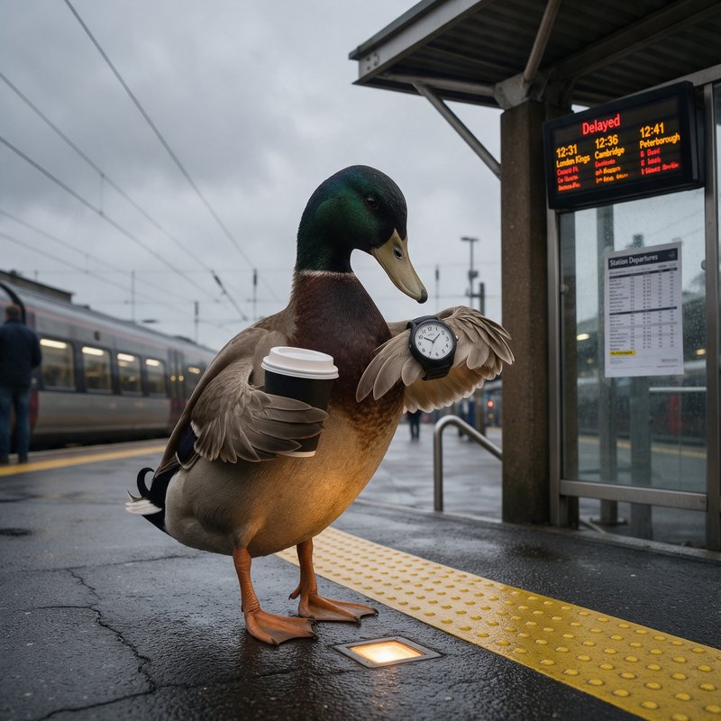 Mallard duck holding a coffee cup and wearing a wristwatch stands on a train platform next to a departure board showing delayed trains.