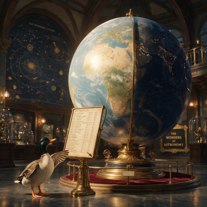 Illustration of a split-globe showing day and night Earth, mounted on a brass stand in a grand library with an open book, duck, and astronomical charts in the background.