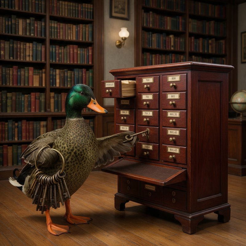 Illustration of a mallard duck with iridescent green head and orange feet standing before a wooden card catalog in a library lined with bookshelves.