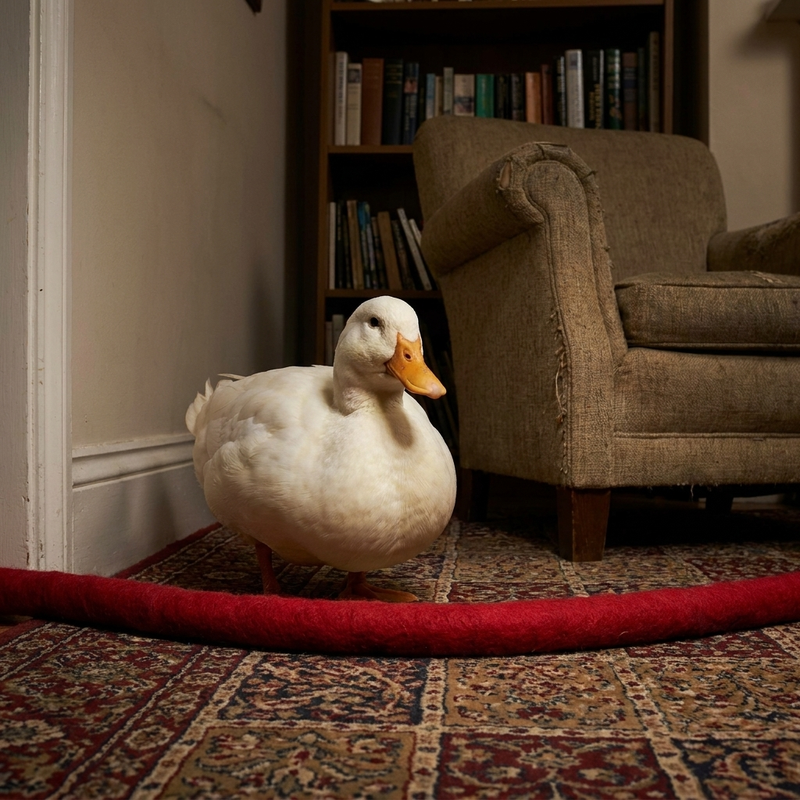 A photorealistic image of a duck pouting in a corner of a living room, with a felt line on the carpet cordoning off the corner.