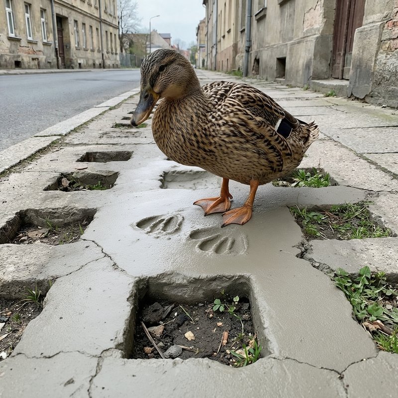 Duck walking across a cracked and potholed concrete sidewalk in an empty European street lined with weathered apartment buildings.