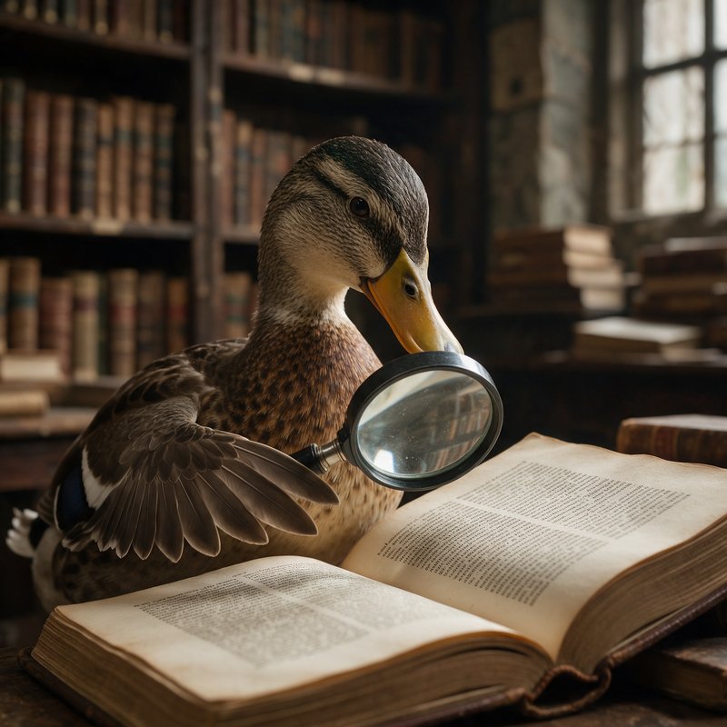 Duck with magnifying glass examining an open book in a library with wooden shelves and window light