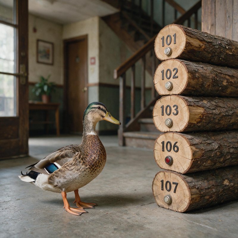 Duck standing in an indoor corridor next to a stack of numbered wooden logs labeled 101 through 107.