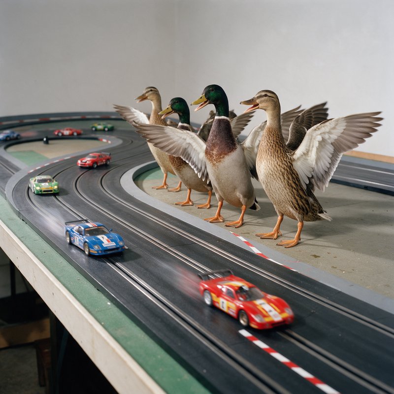 Five ducks with wings spread stand on a slot car racing track with miniature race cars moving through the lanes below them.