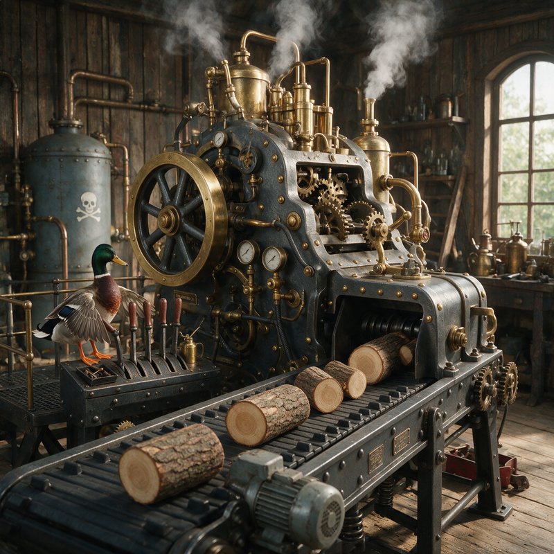 Steampunk illustration of a brass and iron steam engine with gears and pipes billowing white smoke, processing logs on a conveyor belt in a wooden workshop, with a mallard duck perched nearby.