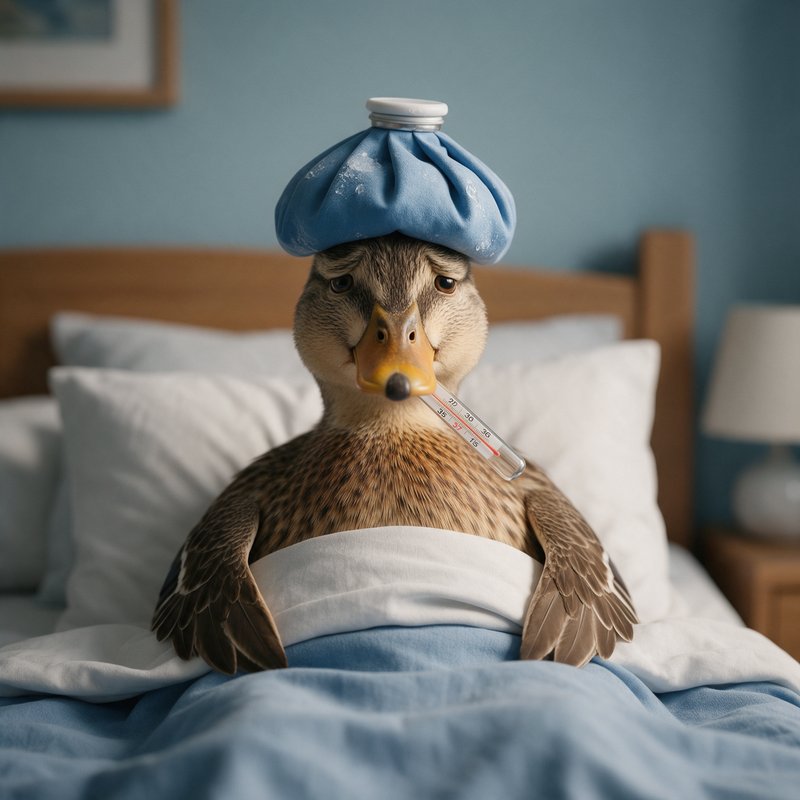 Illustrated duck sitting in bed wearing a blue ice pack on its head and holding a thermometer in its beak.