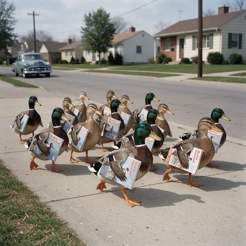 Flock of ducks wearing small signs waddling across a residential street lined with single-story houses and a parked vintage car.