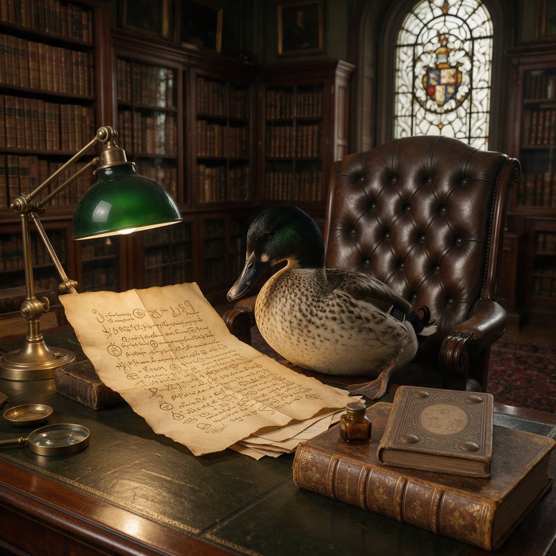 Photograph of a mahogany library desk with handwritten manuscript, brass lamp with green shade, taxidermied duck, leather-bound books, and brass magnifying glasses, against floor-to-ceiling bookshelves and stained-glass window.