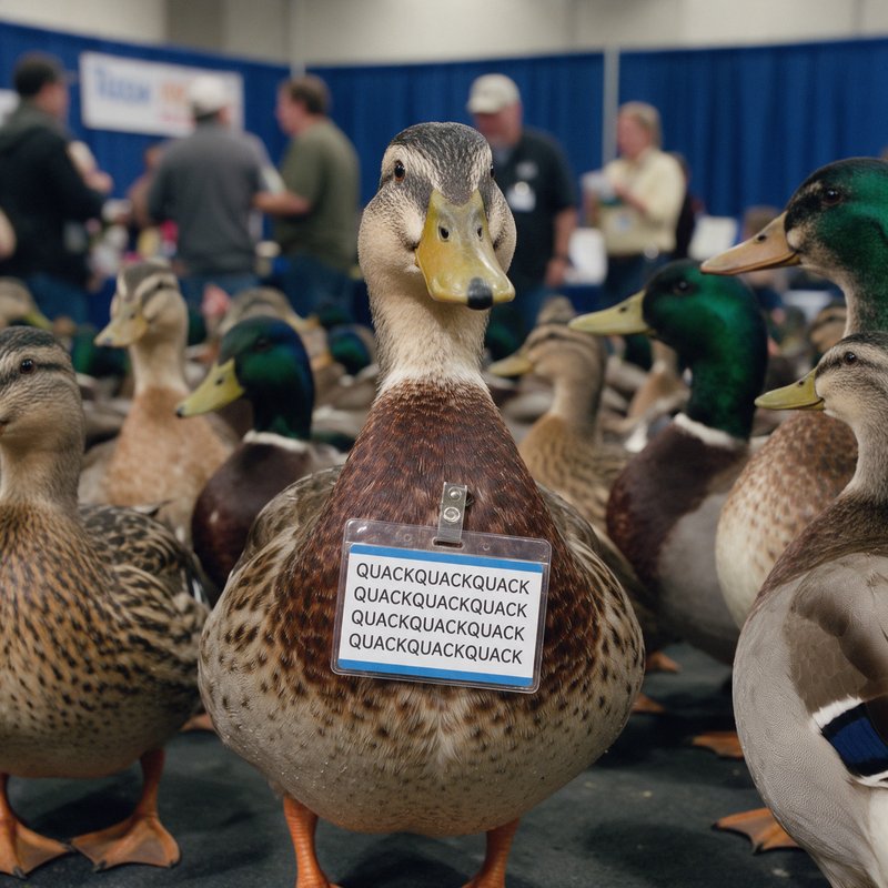 Duck wearing a name badge reading "QUACKQUACKQUACK" at a poultry show, surrounded by other ducks and people in the background.
