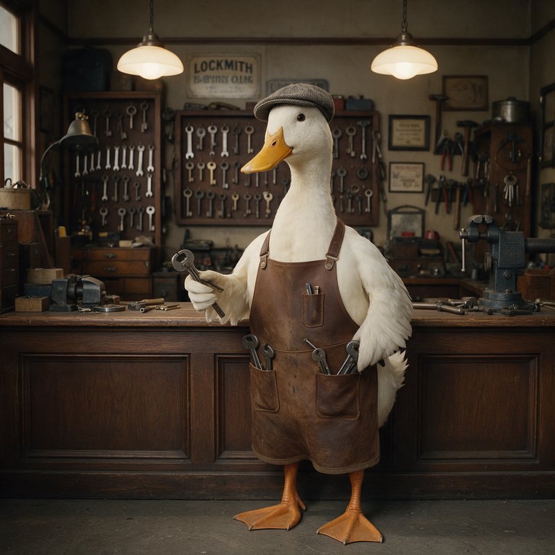 White duck wearing a flat cap and leather apron, holding a wrench at a workbench in a locksmith shop lined with tool pegboards.