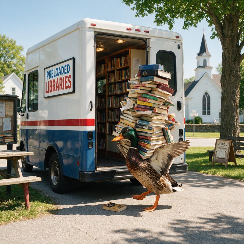 Photograph of a mobile library van labeled "Preloaded Libraries" with books stacked in its open doorway and a rooster standing in front, a white church visible in the background.