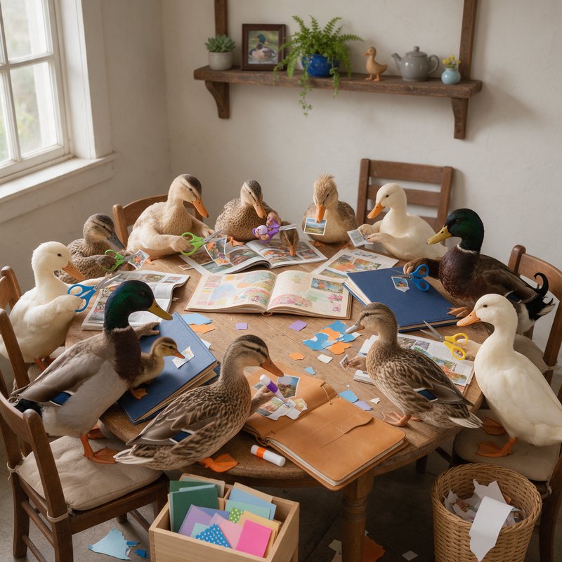 Surreal photograph of a flock of ducks seated around a wooden table with open books, scattered papers, and craft supplies in a sunlit room.