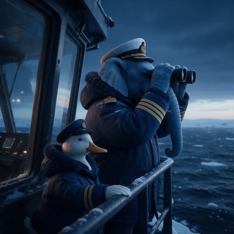 Animated characters dressed as naval officers scanning the ocean from a ship's bridge with binoculars at dusk.