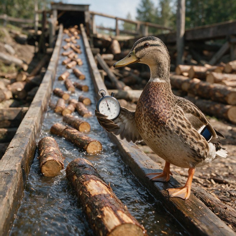 Duck holding a stopwatch stands on a wooden flume carrying felled logs at a timber mill.