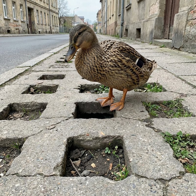 A Rouen duck is considering the holes in a sidewalk.