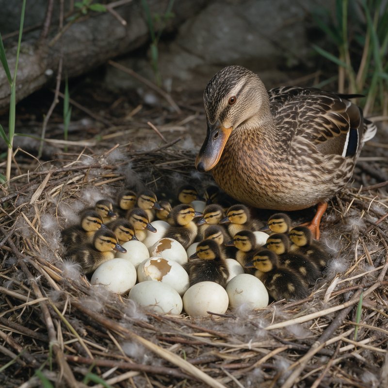 Duck with brown and white plumage standing beside a nest of white eggs and yellow ducklings in dried grass and straw.
