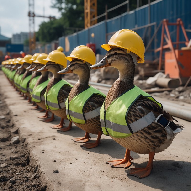 Row of ducks wearing yellow hard hats and green safety vests stand on a construction site with cranes and building materials in the background.