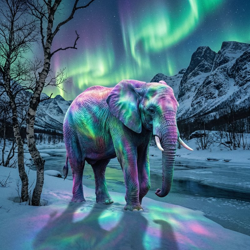 A photorealistic image of an elephant that is all the shades of the aurora borealis, standing in a nordic landscape.