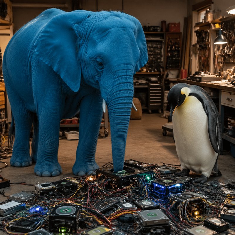 A blue elephant and a penguin are examining a large pile of electronics in dismay.