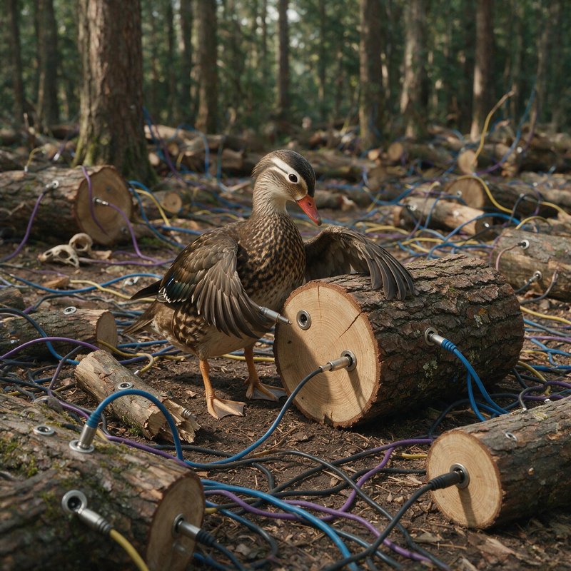 Wood duck standing among felled logs and blue and purple cables on a forest floor.