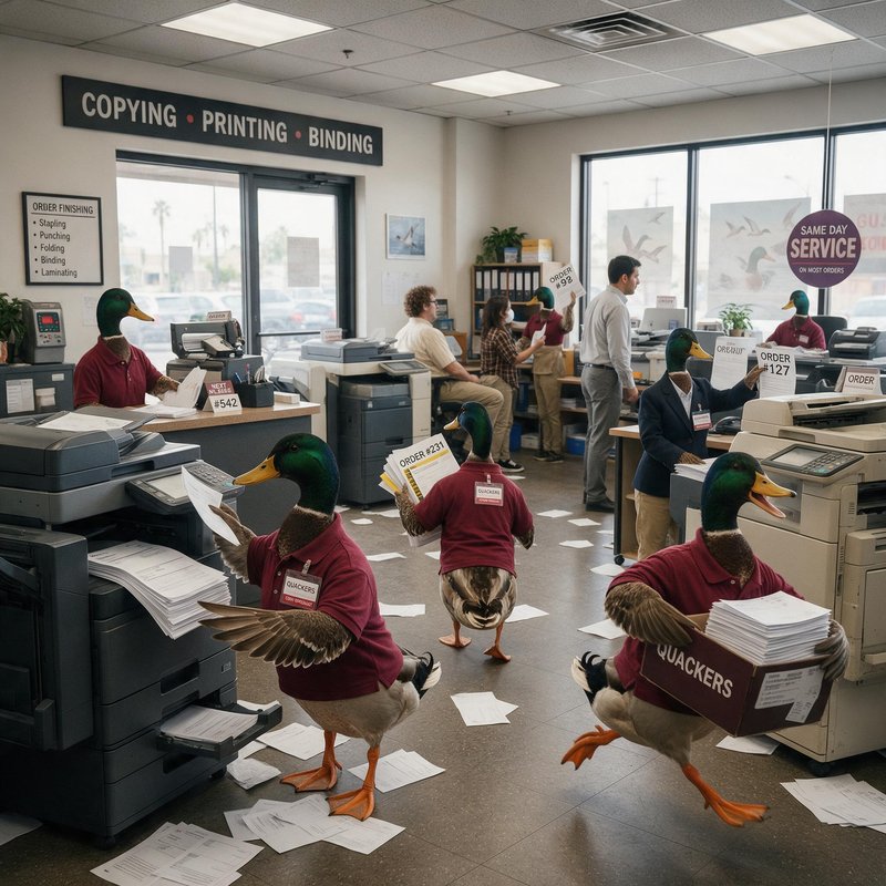Illustration of a print shop where humanoid ducks in maroon uniforms work among copying and printing machines alongside human employees processing orders.