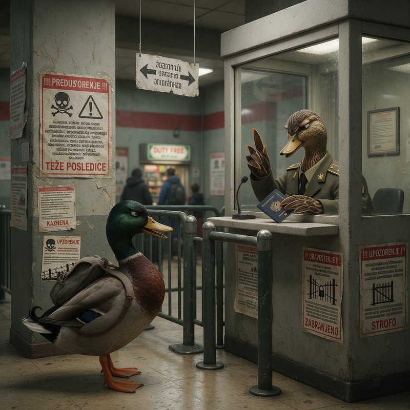 Surreal illustration of a duck at a ticket window speaking with a goose wearing military uniform, surrounded by warning signs in Cyrillic text inside a concrete building.