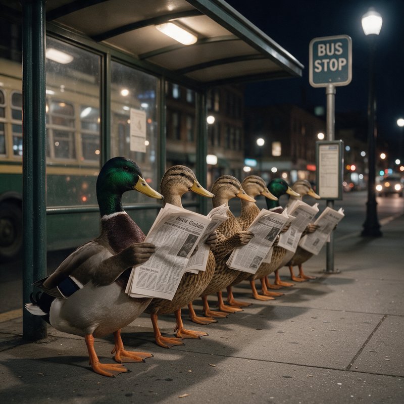 Row of ducks holding newspapers while waiting at a nighttime bus stop on a city street.