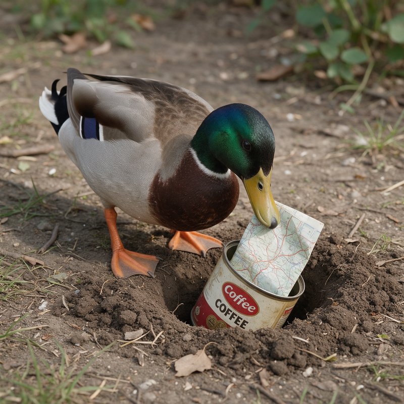 Mallard duck pecking at a coffee mug half-buried in dirt and grass.