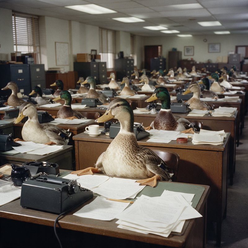 Surreal office scene with dozens of ducks seated at desks among typewriters and paperwork in a mid-century institutional building.