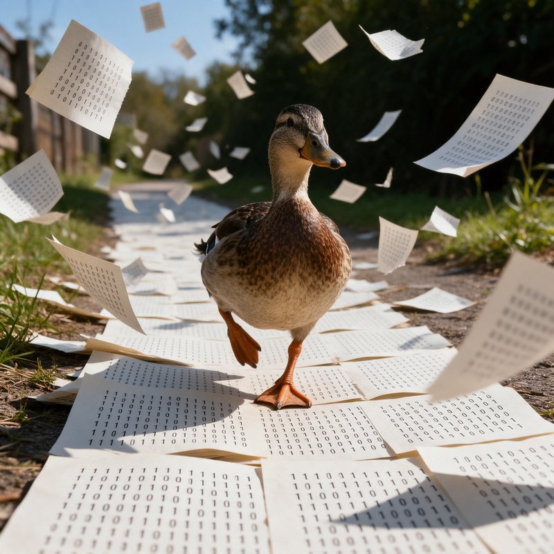 Duck standing on printouts of binary code and data, surrounded by floating sheets of numbers in a sunny outdoor setting.