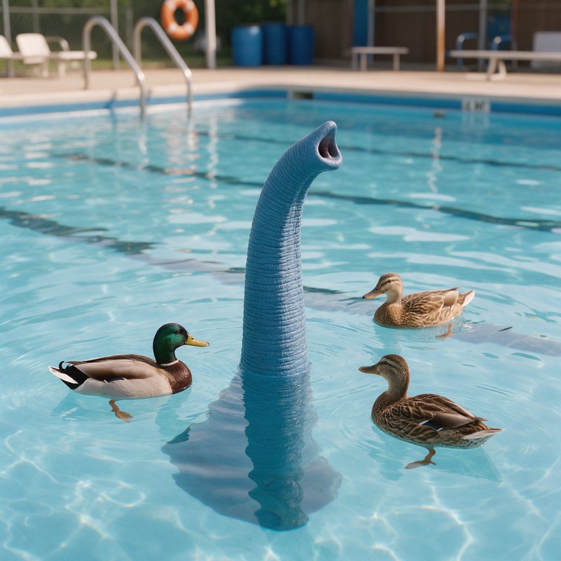 Loch Ness Monster emerging from a swimming pool surrounded by ducks, with pool ladder and facilities visible in the background.