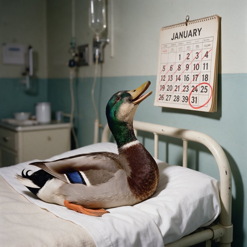 Duck with iridescent green head and brown body perched on a hospital bed, looking up at a January calendar hanging on the wall with dates circled in red.