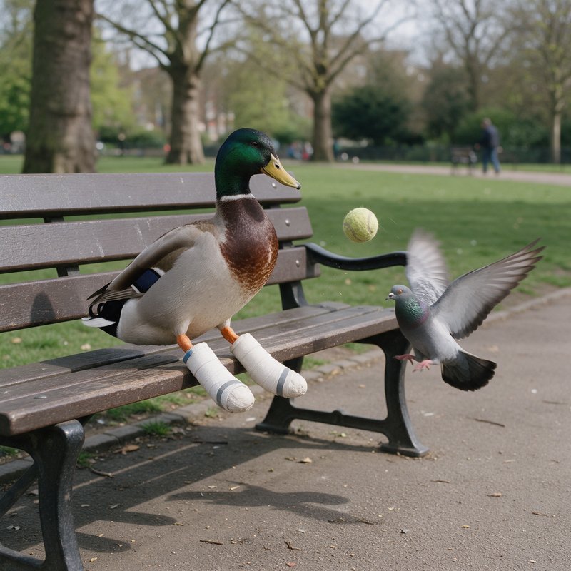 Composite illustration of a duck and pigeon on a park bench, the duck wearing white cast boots and playing tennis with a ball, the pigeon flying nearby in a tree-lined park.