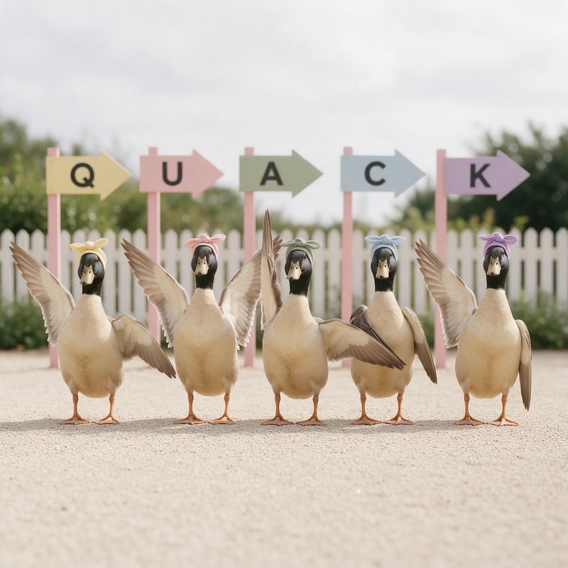 Five cartoon birds with halos and wings standing in a row on sand, with colored directional signs spelling "QUACK" above them and a white picket fence in the background.