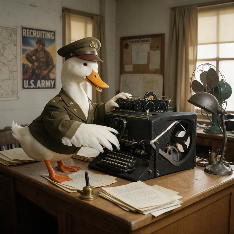 Anthropomorphic duck in U.S. Army officer uniform operating a typewriter at a vintage military desk with maps, recruiting poster, and communication equipment in background.