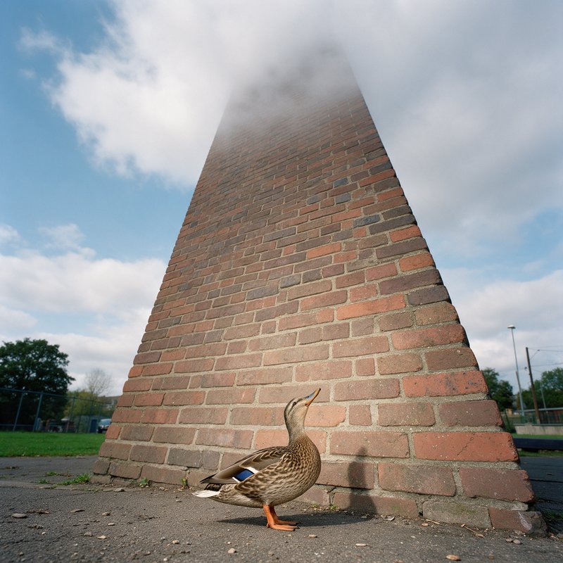 Duck standing at the base of a tall red brick industrial chimney, shot from below against a cloudy sky.