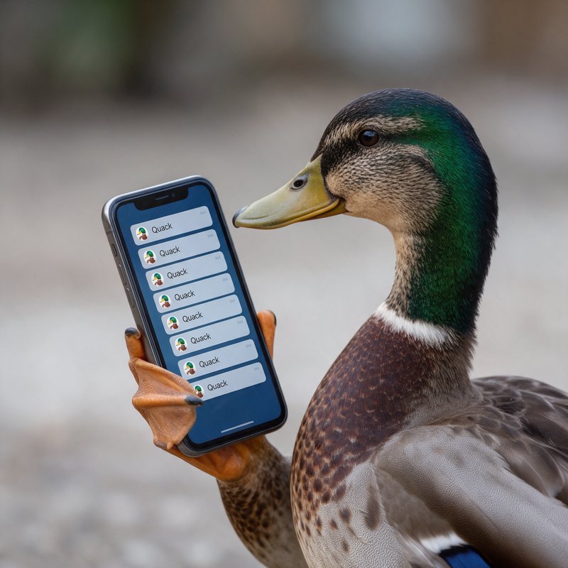 A mallard duck holds a smartphone displaying a list of "Quack" entries, looking at the screen.