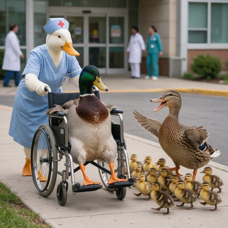Costumed nurse duck in scrubs pushing a wheelchair holding a mallard duck, with a female duck and ducklings on the sidewalk outside a hospital building.
