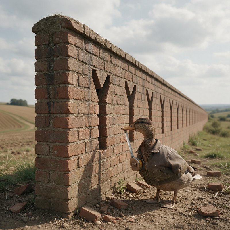 Photograph of a person in work clothes examining a long red brick wall with regular openings, standing in a rural landscape.