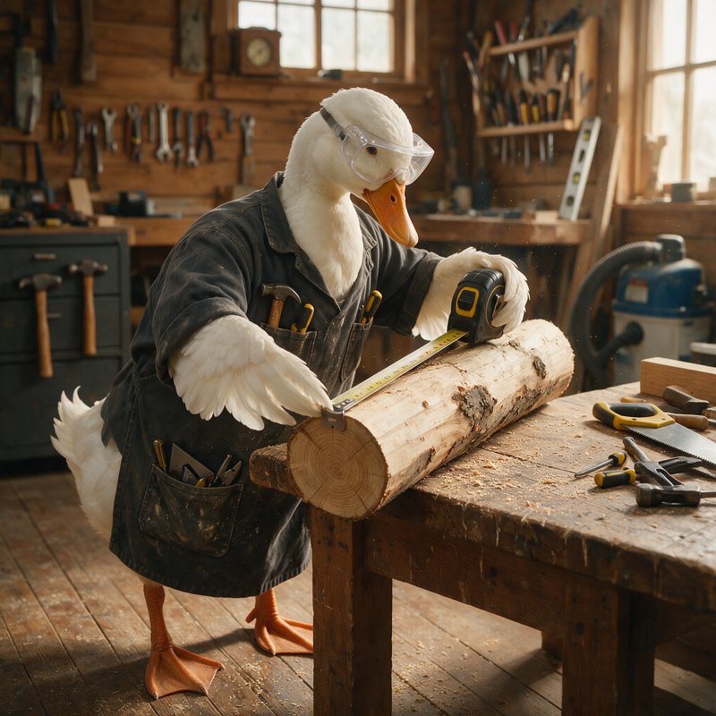 Anthropomorphic white eagle wearing safety glasses and work apron measures a log with a tape measure at a woodworking bench surrounded by hand tools.