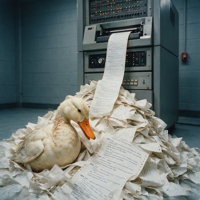 Duck surrounded by continuous computer printout paper spilling from a line printer in a data center, with control panels and indicator lights visible in background.