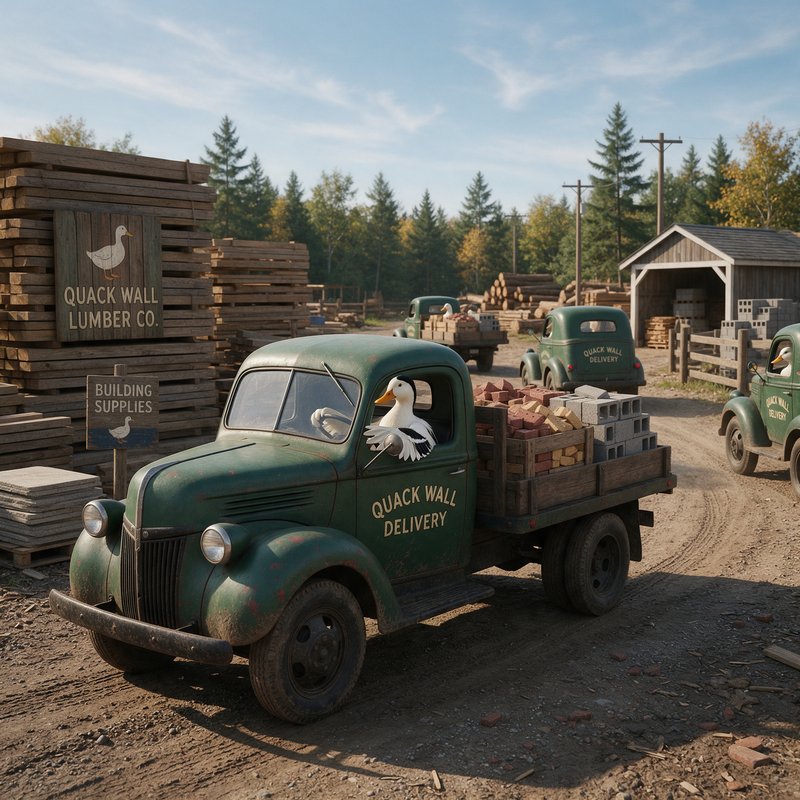 Vintage illustration of a lumber yard with a green delivery truck labeled "Quack Wall Delivery" loaded with bricks, surrounded by wooden structures, stacked lumber, and other period trucks in a forest setting.