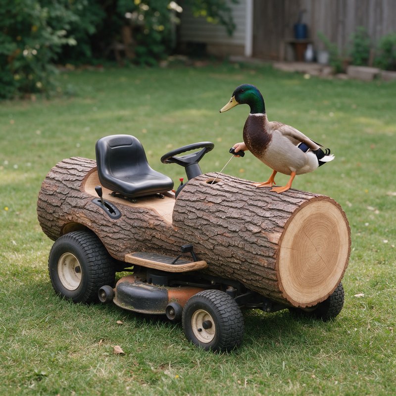 Mallard duck standing on a wooden log-shaped riding mower in a backyard lawn.