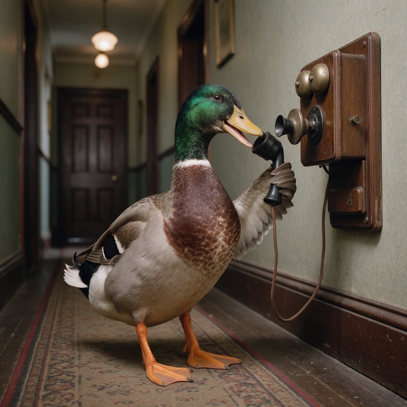 Mallard duck in a hallway holding a vintage telephone receiver to its beak, facing an old wooden wall-mounted phone.